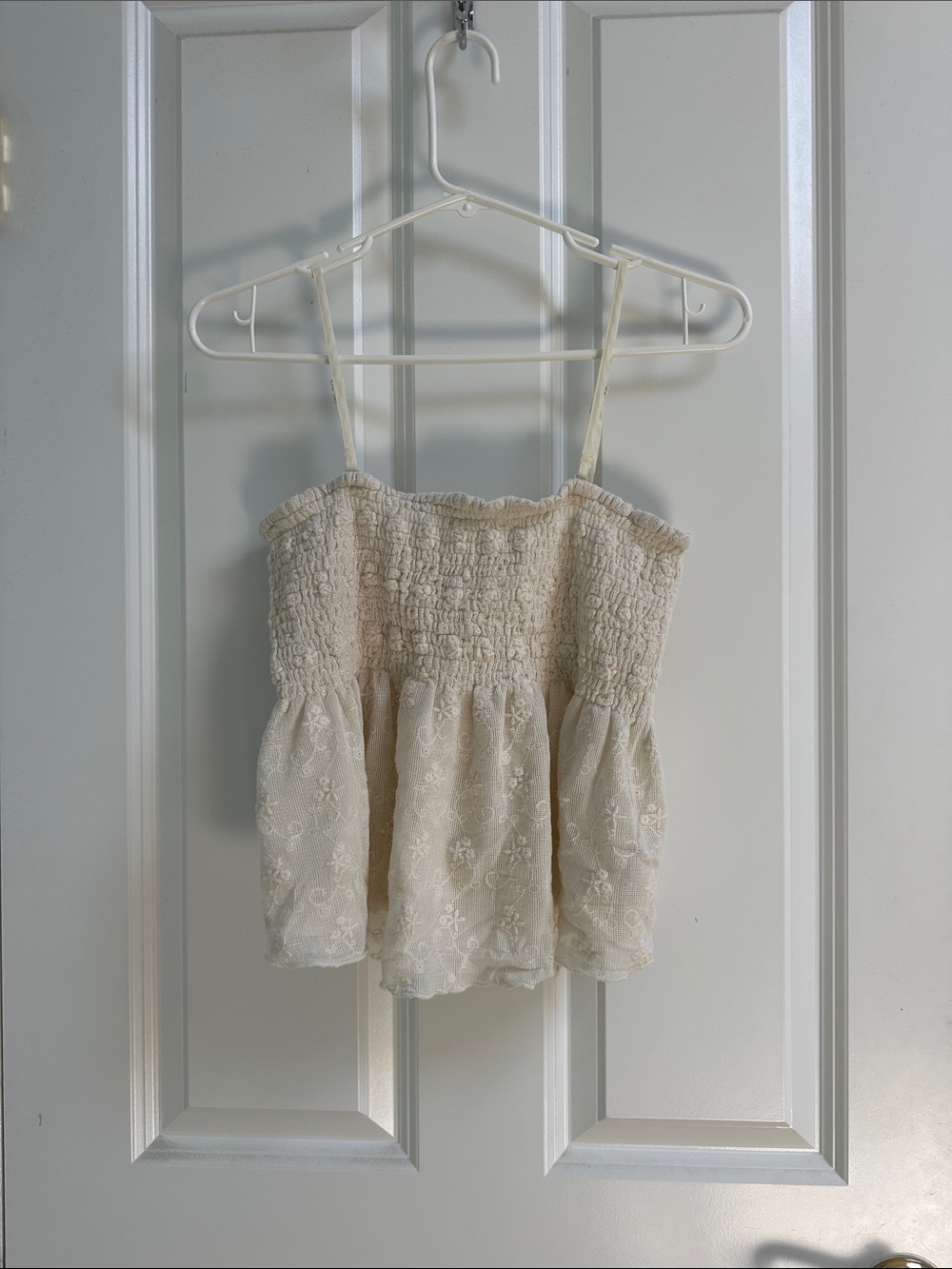 American Eagle Outfitters Cream Smocked Lace Peplum Cami
